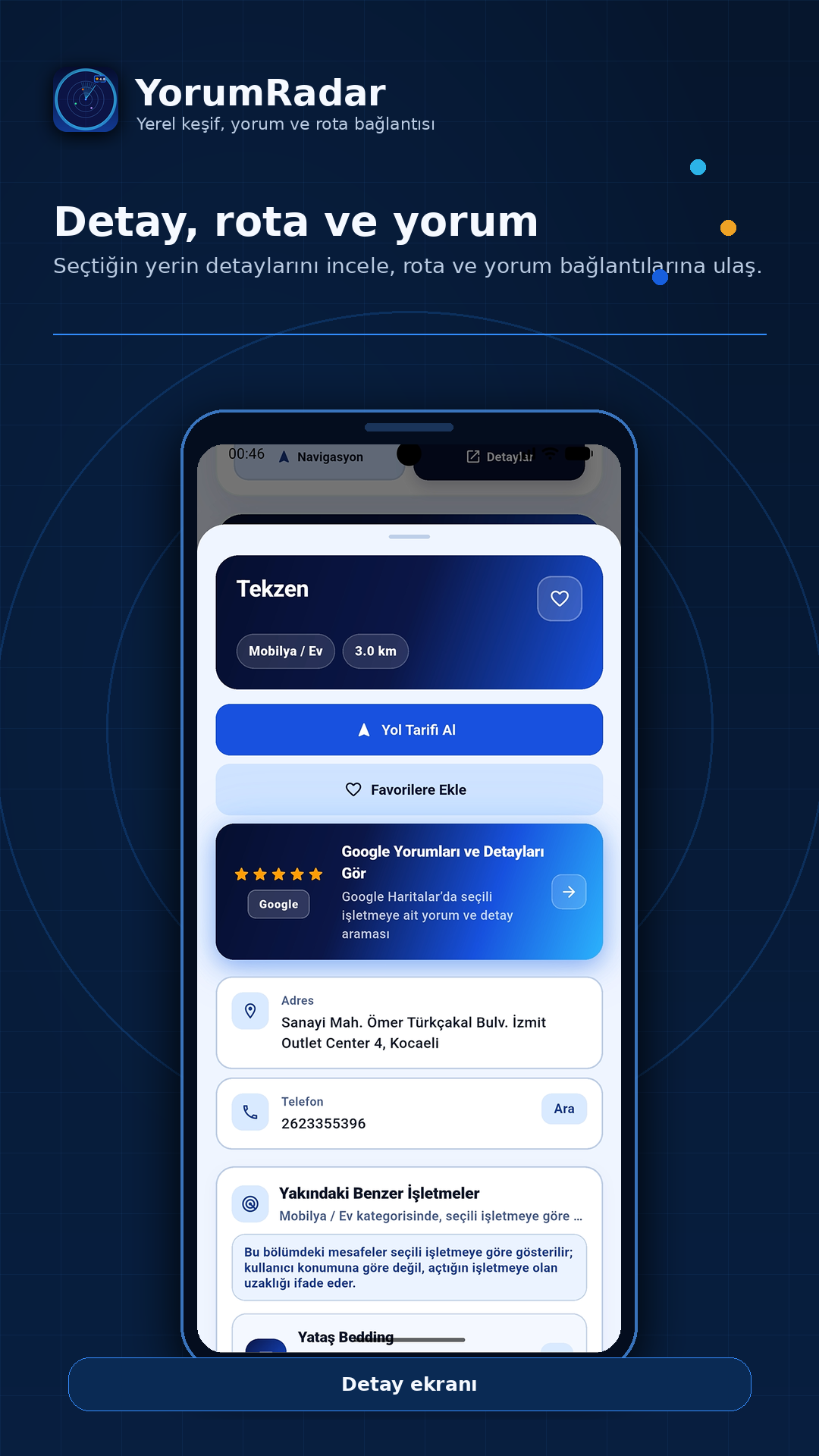 YorumRadar detay, rota ve yorum ekranı